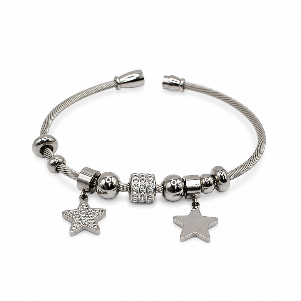 Silver Star Charm Cuff Bracelet
