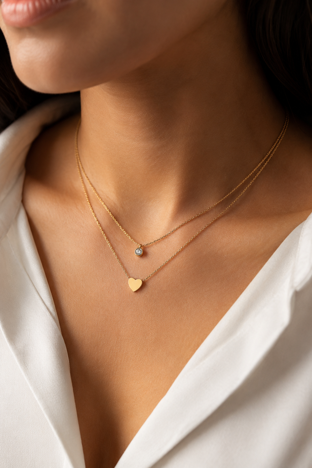 Double Layer Crystal Heart Necklace Gold - Layered Pendant