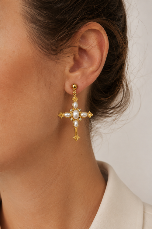 Cross Pearl Earrings — Gold & Pearl Finish