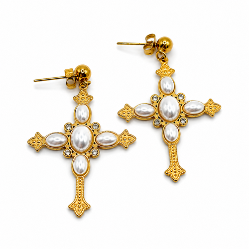 Cross Pearl Earrings — Gold & Pearl Finish