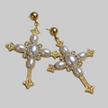 Gold Cross Dangle Earrings with Pearls and Crystals