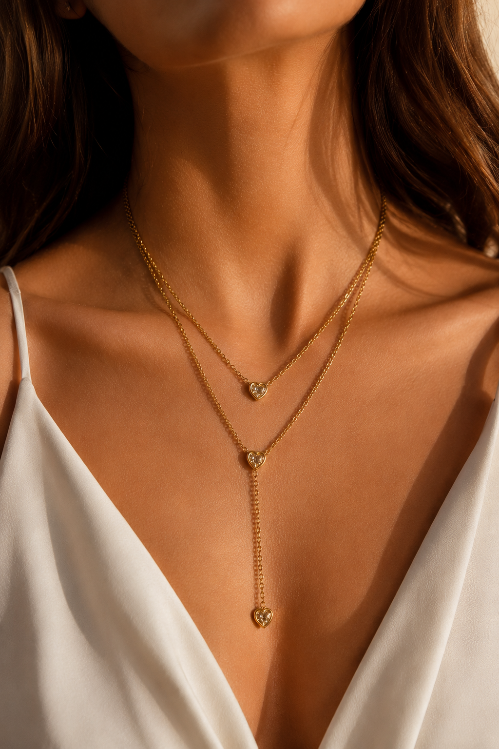 Layered Heart Necklace Gold - Crystal Y-Necklace