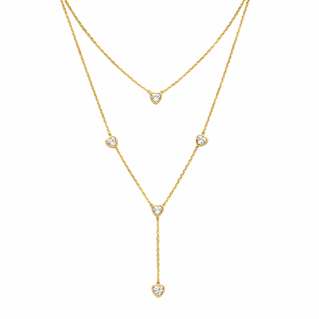 Layered Heart Necklace Gold Crystal Y-Necklace