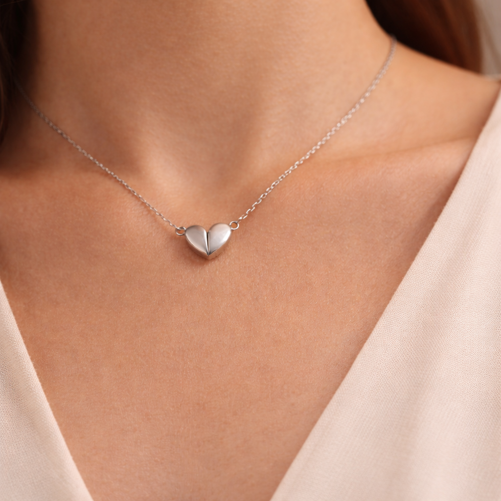 Silver heart-shaped necklace on a person wearing a light pink top.