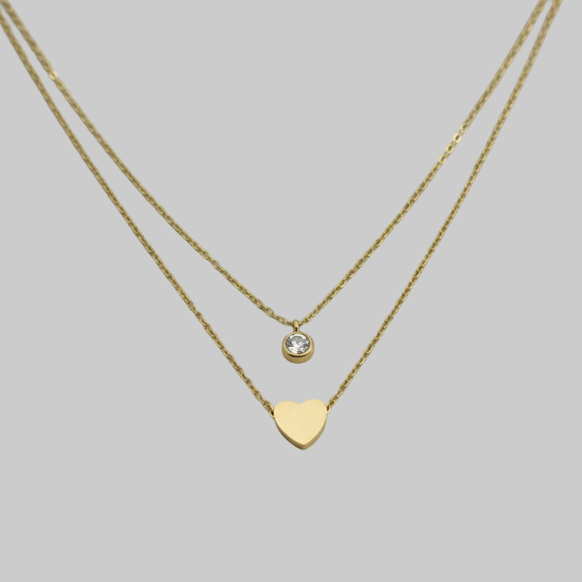Two gold necklaces on a gray background