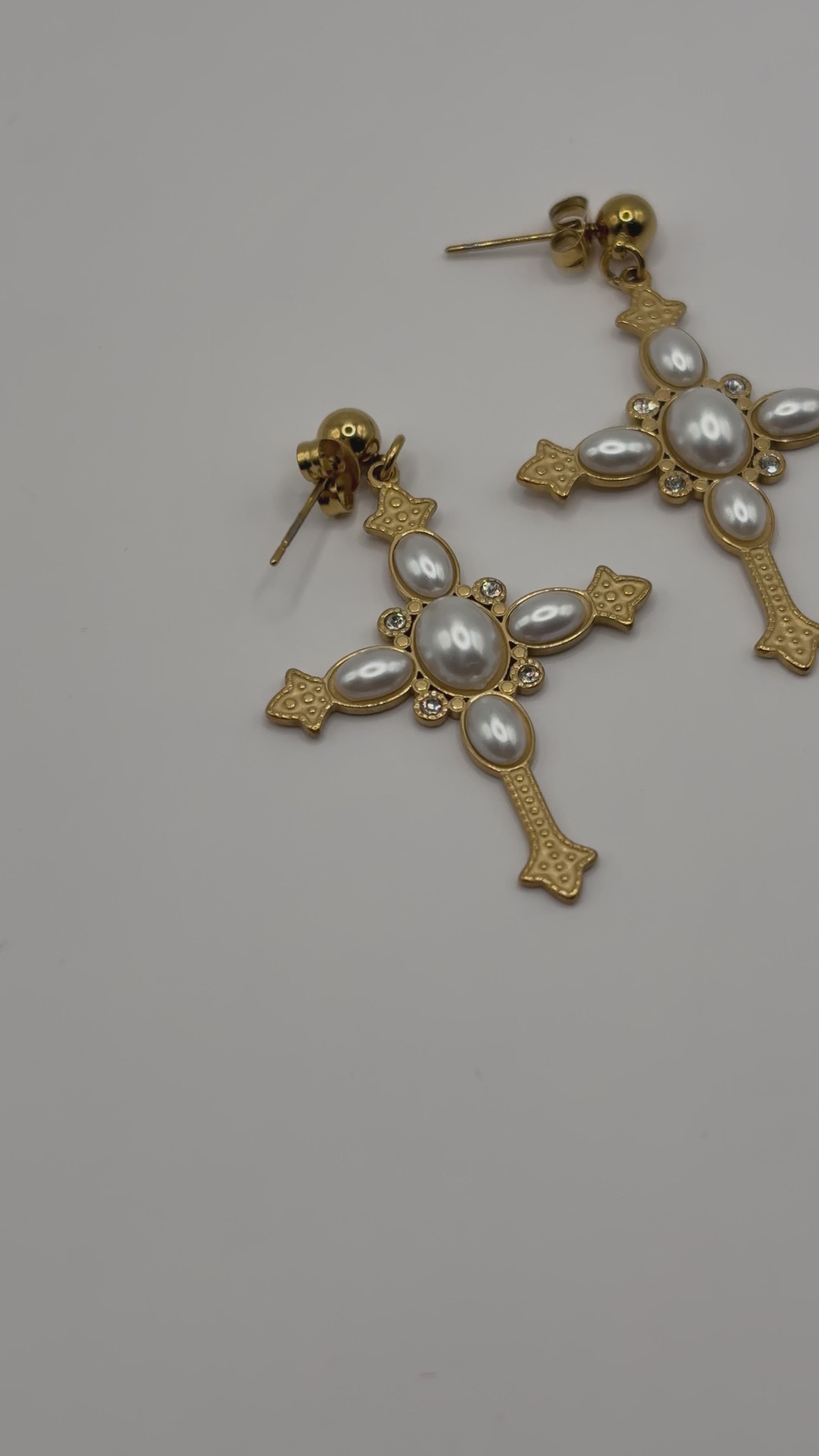 Cross Pearl Earrings — Gold & Pearl Finish